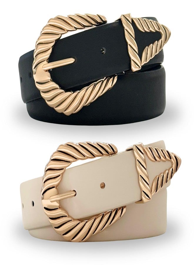 CITRUSY Boutique Western Belt 2-Pack | Country Western Fashion Cowgirl Belts for Women | Cute Chunky Gold Western Belt Buckle | Cream and Black PU Leather Belts (Rodeo Pack | Size XS-S) - Image 1